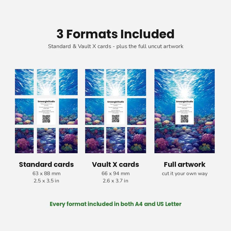 May include: A digital display showing 3 Formats Included: Standard cards at 2.5 x 3.5 inches, Vault X cards at 2.6 x 3.7 inches, and full artwork. Each section features an underwater coral reef scene with blue water and a central white card with a QR code.
