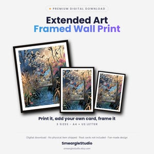 K&ouml;nnte beinhalten: Drei schwarz gerahmte Wanddrucke mit erweiterter Kunst einer blauen und orangefarbenen Kreatur in einer Sumpflandschaft. Der Text lautet: Premium Digital Download, Extended Art Framed Wall Print, Print it, add your own card, frame it, 3 SIZES - A4 + US LETTER.