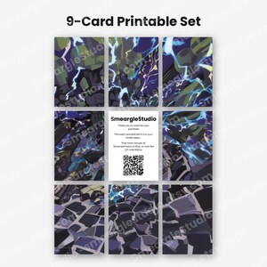 May include: A 9-card printable set featuring a dark, abstract design with jagged shapes in shades of blue, purple, and green, accented by bright lightning-like streaks. A central white card displays the text SmeargleStudio and a QR code.
