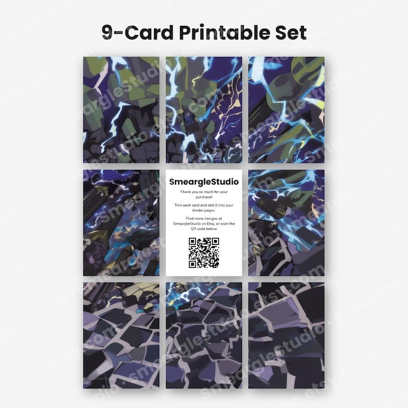 May include: A 9-card printable set featuring a dark, abstract design with jagged shapes in shades of blue, purple, and green, accented by bright lightning-like streaks. A central white card displays the text SmeargleStudio and a QR code.