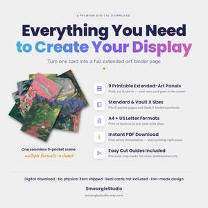 May include: A digital download product listing titled Everything You Need to Create Your Display. It features a stack of nine colorful, impressionistic art panels designed to form a seamless scene for a trading card binder page. Includes text detailing printable formats, cut guides, and compatibility with standard and Vault X binders.