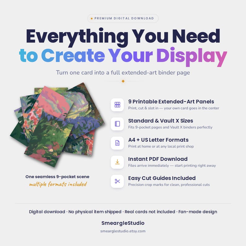 May include: A digital download product listing titled Everything You Need to Create Your Display. It features a stack of nine colorful, impressionistic art panels designed to form a seamless scene for a trading card binder page. Includes text detailing printable formats, cut guides, and compatibility with standard and Vault X binders.