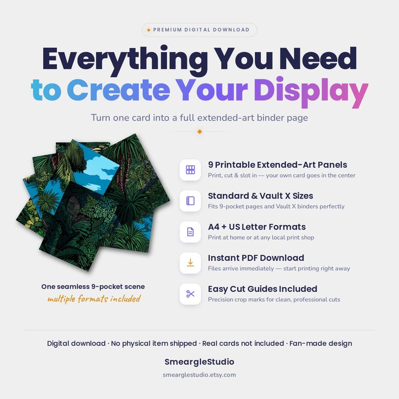 Może przedstawiać: Cyfrowy produkt do pobrania przedstawiający bezszwową scenę z 9 kieszeniami do segregator&oacute;w na karty kolekcjonerskie. Grafika zawiera tekst Everything You Need to Create Your Display, 9 Printable Extended-Art Panels, Standard & Vault X Sizes, A4 + US Letter Formats, Instant PDF Download oraz Easy Cut Guides Included.