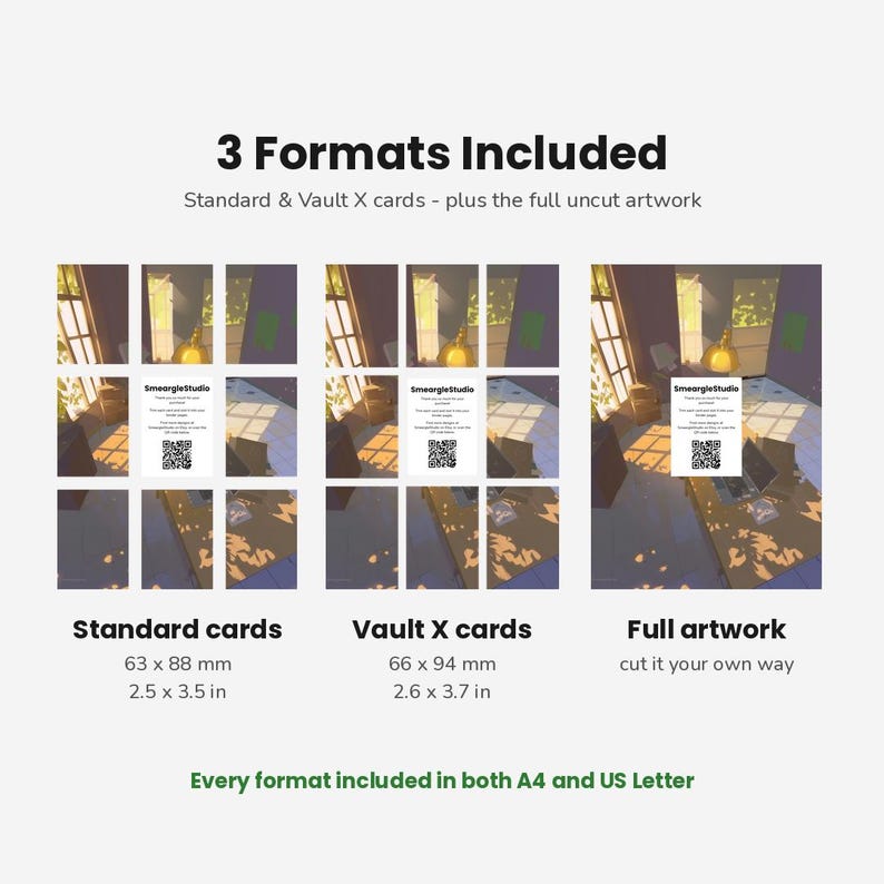 May include: A digital product display showing 3 Formats Included: Standard cards at 2.5 x 3.5 inches, Vault X cards at 2.6 x 3.7 inches, and full artwork. Each format features a grid of nine panels displaying an interior room scene with a QR code.