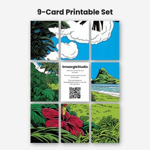 May include: A 9-card printable set featuring a tropical landscape illustration. The cards display palm trees, a mountain, a beach, and a red hibiscus flower. One card contains the text SmeargleStudio, instructions, and a QR code.