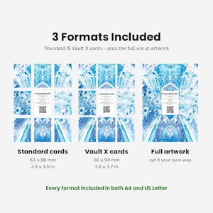 May include: A digital display showing 3 Formats Included: Standard cards at 2.5 x 3.5 inches, Vault X cards at 2.6 x 3.7 inches, and full artwork. Each section features blue abstract patterns, a SmeargleStudio logo, and a QR code. Available in A4 and US Letter.