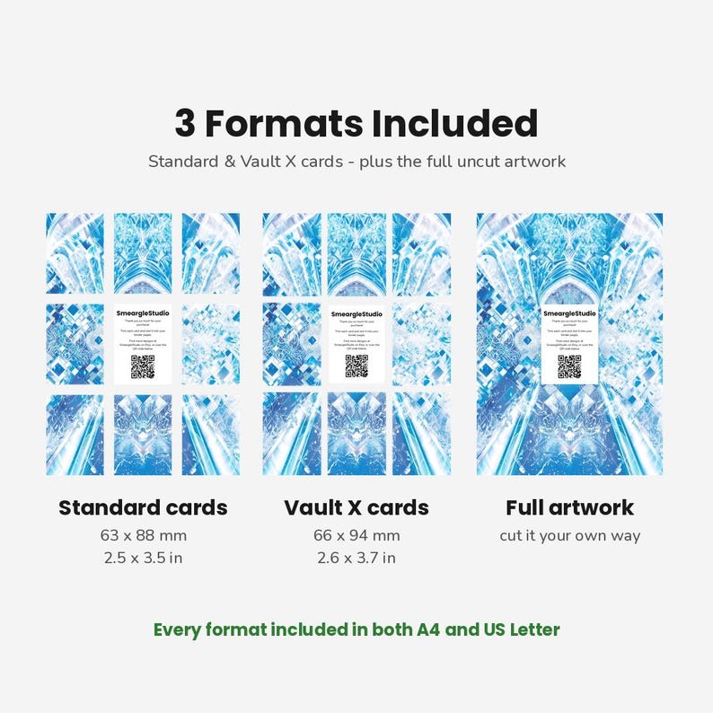 May include: A digital display showing 3 Formats Included: Standard cards at 2.5 x 3.5 inches, Vault X cards at 2.6 x 3.7 inches, and full artwork. Each section features blue abstract patterns, a SmeargleStudio logo, and a QR code. Available in A4 and US Letter.