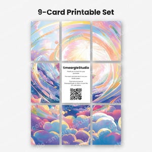 May include: A 9-card printable set featuring abstract celestial designs with pastel clouds, swirling light streaks, and stars. The center card displays the text SmeargleStudio, instructions for trimming, and a QR code for further designs.