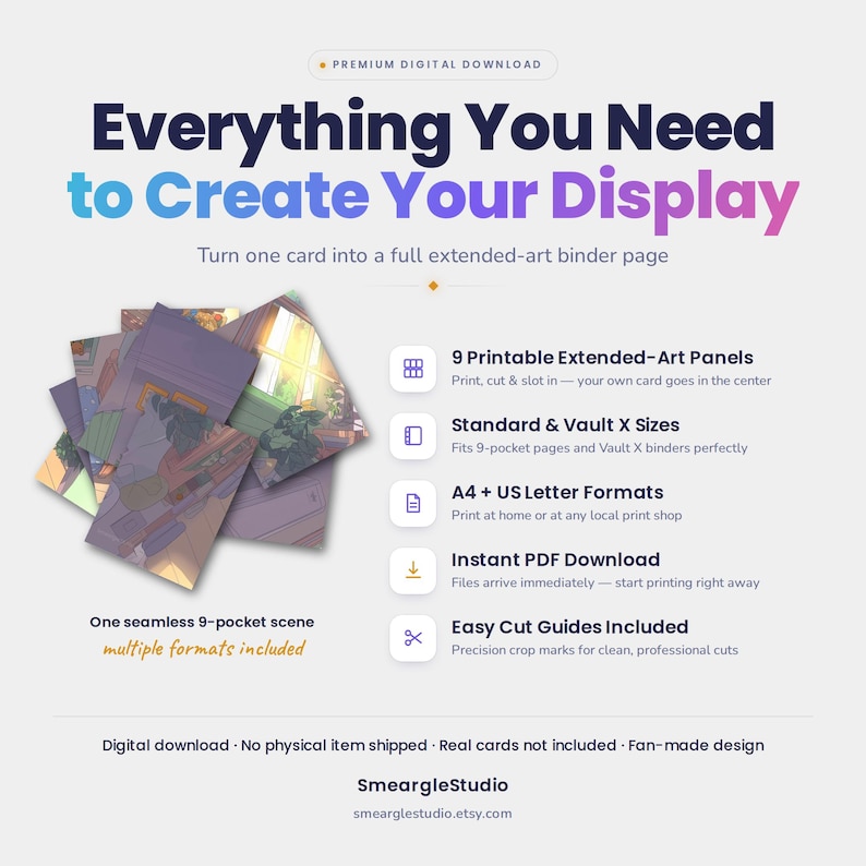 May include: A digital download product featuring 9 printable extended-art panels for binder pages. The graphic includes the text Everything You Need to Create Your Display, One seamless 9-pocket scene, and lists features like A4 and US Letter formats.