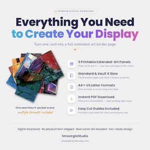 May include: A digital download product featuring 9 printable extended-art panels for a 9-pocket binder page. The graphic displays the text Everything You Need to Create Your Display, with details on A4 and US Letter formats, cut guides, and PDF files.