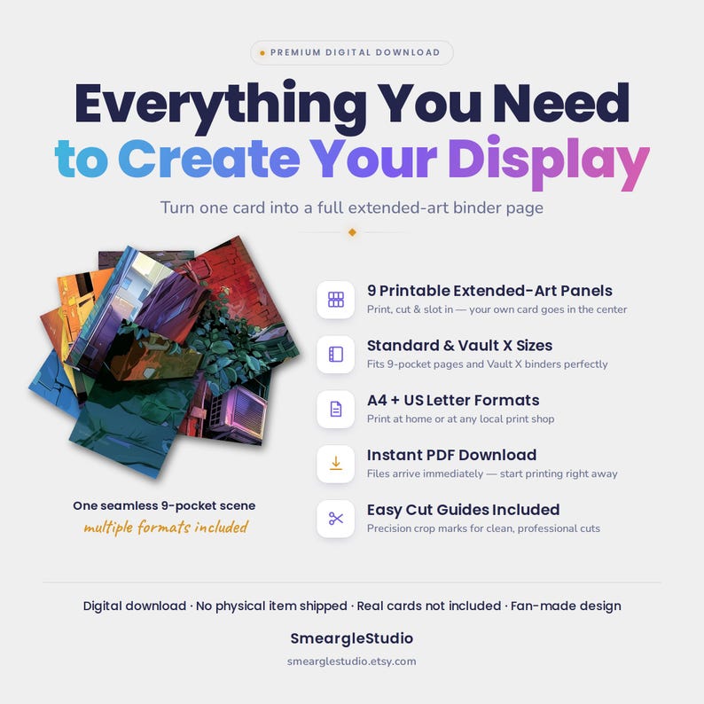 May include: A digital download product featuring 9 printable extended-art panels for a 9-pocket binder page. The graphic displays the text Everything You Need to Create Your Display, with details on A4 and US Letter formats, cut guides, and PDF files.
