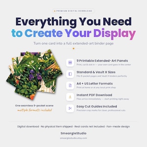 May include: A digital download product featuring 9 printable extended-art panels for binder pages. The design displays a seamless botanical scene with green foliage and purple flowers. Text includes Everything You Need to Create Your Display.
