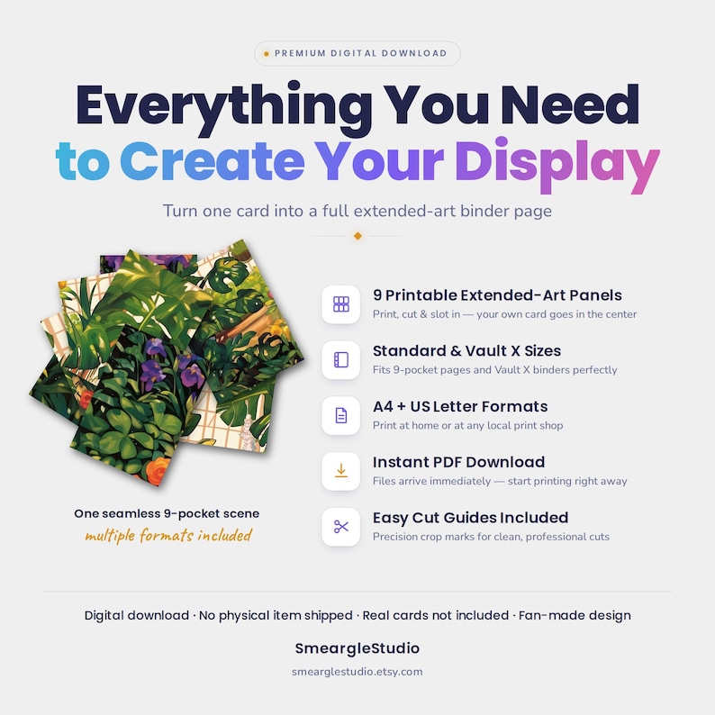 May include: A digital download product featuring 9 printable extended-art panels for binder pages. The design displays a seamless botanical scene with green foliage and purple flowers. Text includes Everything You Need to Create Your Display.