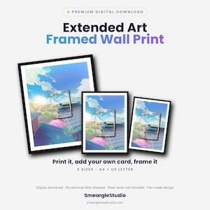 May include: Three framed wall prints featuring an extended art illustration of a blue creature flying over a town at sunset. The text reads: Premium Digital Download, Extended Art Framed Wall Print, Print it, add your own card, frame it, 3 SIZES - A4 + US LETTER, Digital download, No physical item shipped, Real cards not included, Fan-made design, SmeargleStudio, smearglestudio.etsy.com.