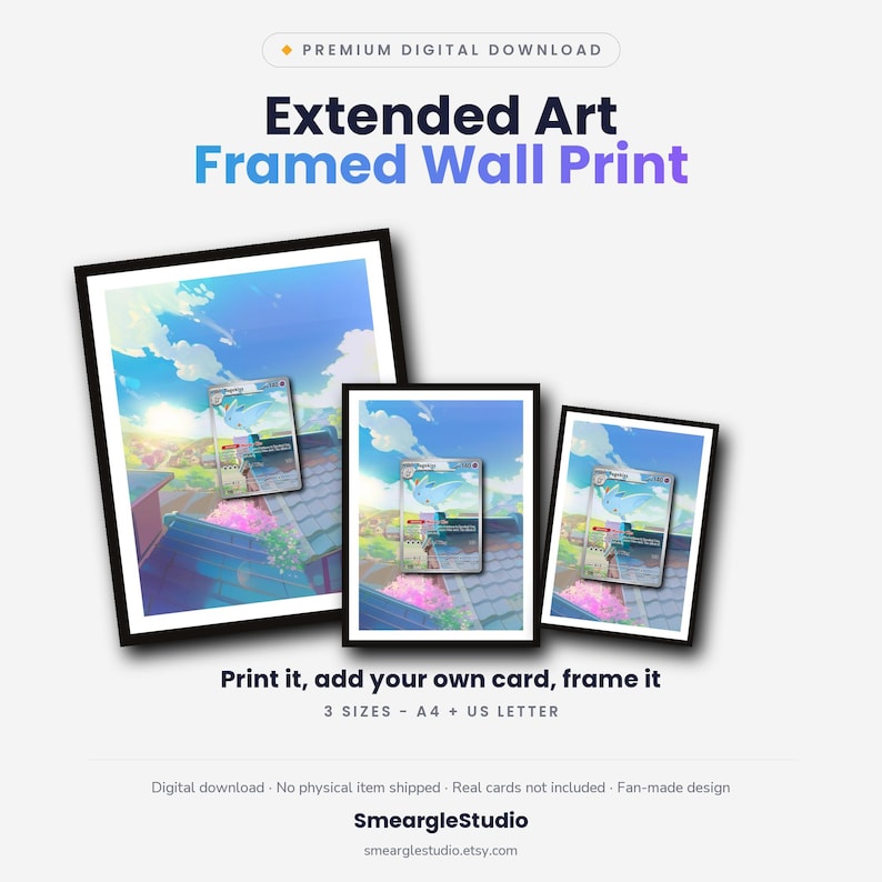 May include: Three framed wall prints featuring an extended art illustration of a blue creature flying over a town at sunset. The text reads: Premium Digital Download, Extended Art Framed Wall Print, Print it, add your own card, frame it, 3 SIZES - A4 + US LETTER, Digital download, No physical item shipped, Real cards not included, Fan-made design, SmeargleStudio, smearglestudio.etsy.com.
