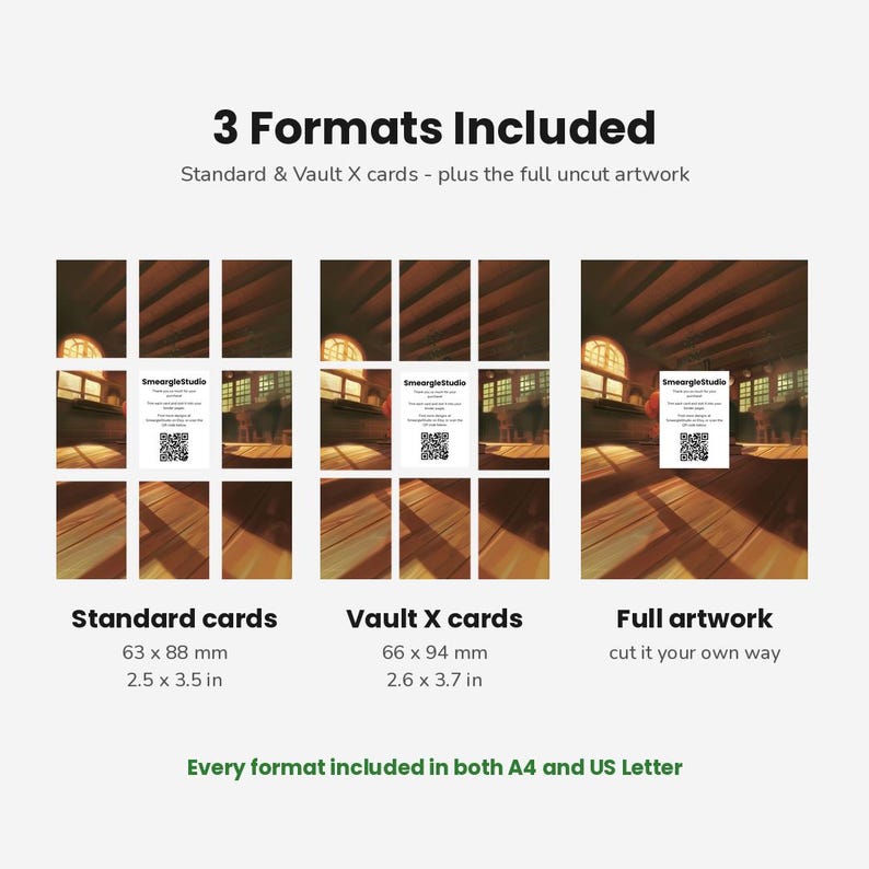 Może przedstawiać: Cyfrowa prezentacja produktu zawierająca 3 Formats Included: karty standardowe 63 x 88 mm, karty Vault X 66 x 94 mm oraz pełną grafikę. Każda sekcja przedstawia siatkę obraz&oacute;w z centralną kartą SmeargleStudio i kodem QR.
