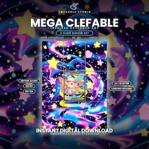 May include: A 9-card binder set digital download featuring Mega Clefable inspired extended art. The design displays a pink creature with wings against a dark background filled with swirling blue and purple nebula clouds and yellow and pink stars.