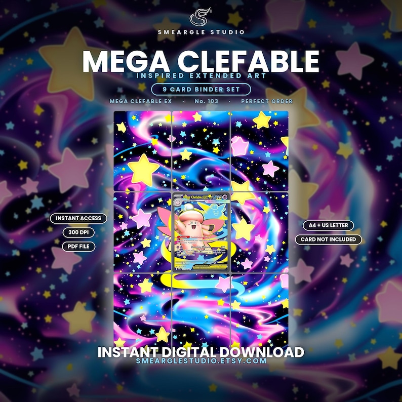May include: A 9-card binder set digital download featuring Mega Clefable inspired extended art. The design displays a pink creature with wings against a dark background filled with swirling blue and purple nebula clouds and yellow and pink stars.