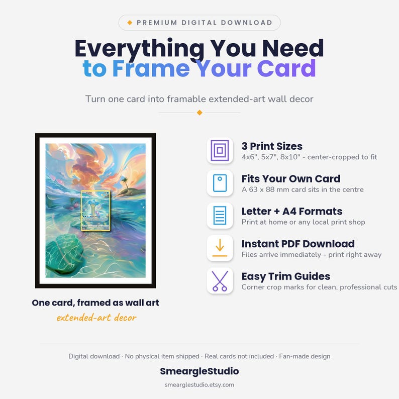 K&ouml;nnte beinhalten: Ein digitaler Download-Leitfaden mit dem Titel Everything You Need to Frame Your Card, der eine gerahmte Kartenillustration, drei Druckgr&ouml;&szlig;en, Kompatibilit&auml;t f&uuml;r 63 x 88 mm Karten, A4-Formate und Schnittmarkierungen zeigt.