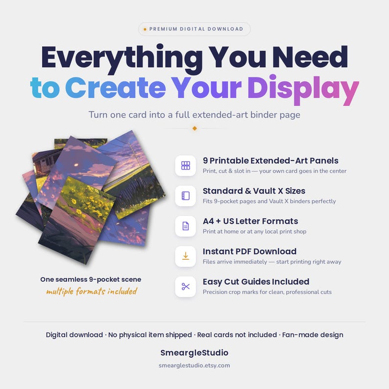 K&ouml;nnte beinhalten: Ein digitales Download-Produkt mit 9 druckbaren Extended-Art-Panels f&uuml;r Ordnerseiten. Die Grafik zeigt den Text Everything You Need to Create Your Display, eine farbenfrohe Landschaftsillustration und Symbole f&uuml;r Druckformate.
