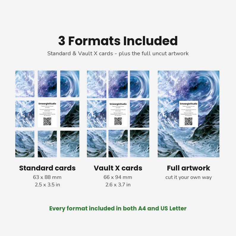May include: A digital product display showing 3 Formats Included: Standard cards at 2.5 x 3.5 inches, Vault X cards at 2.6 x 3.7 inches, and full uncut artwork. Each section features a blue and white snowy mountain landscape with a SmeargleStudio QR code.