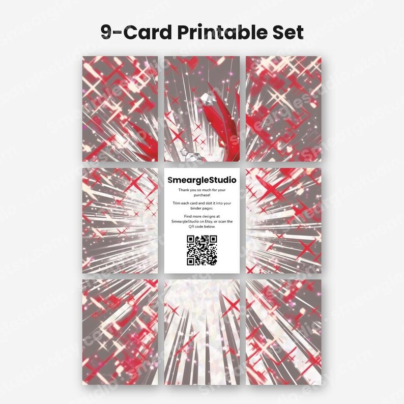 K&ouml;nnte beinhalten: Ein 9-teiliges druckbares Kartenset mit grauem Hintergrund und rot-wei&szlig;en Sternenmustern. Die mittlere Karte zeigt den Text SmeargleStudio, Dankesworte und einen QR-Code. Die Karten sind in einem drei-mal-drei Raster angeordnet.