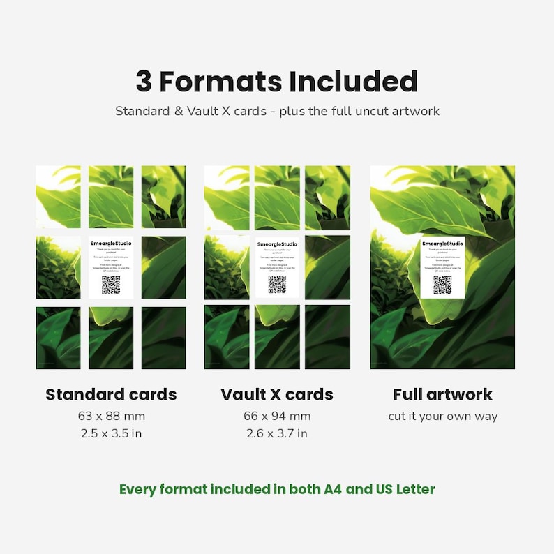 May include: A digital product display showing 3 Formats Included: Standard cards at 63 x 88 mm (2.5 x 3.5 in), Vault X cards at 66 x 94 mm (2.6 x 3.7 in), and Full artwork. Each format features a green leaf illustration with a SmeargleStudio QR code.