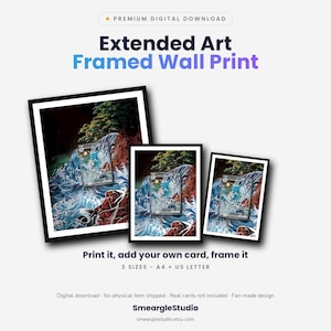 May include: Three black-framed wall prints featuring a digital illustration of a blue creature in a waterfall landscape. The text reads: Premium Digital Download, Extended Art Framed Wall Print, Print it, add your own card, frame it, 3 SIZES - A4 + US LETTER, SmeargleStudio.