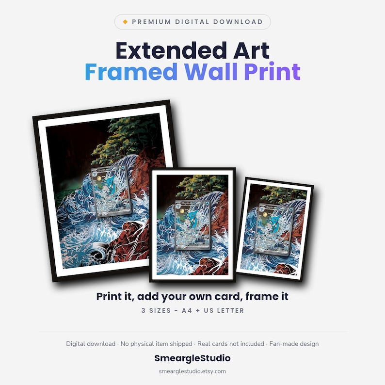 May include: Three black-framed wall prints featuring a digital illustration of a blue creature in a waterfall landscape. The text reads: Premium Digital Download, Extended Art Framed Wall Print, Print it, add your own card, frame it, 3 SIZES - A4 + US LETTER, SmeargleStudio.