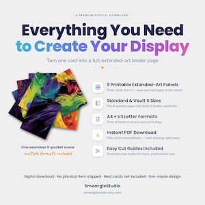 May include: A digital download product featuring 9 printable extended-art panels for binder pages. The design displays vibrant, swirling abstract colors in purple, green, yellow, and red. Text includes Everything You Need to Create Your Display.