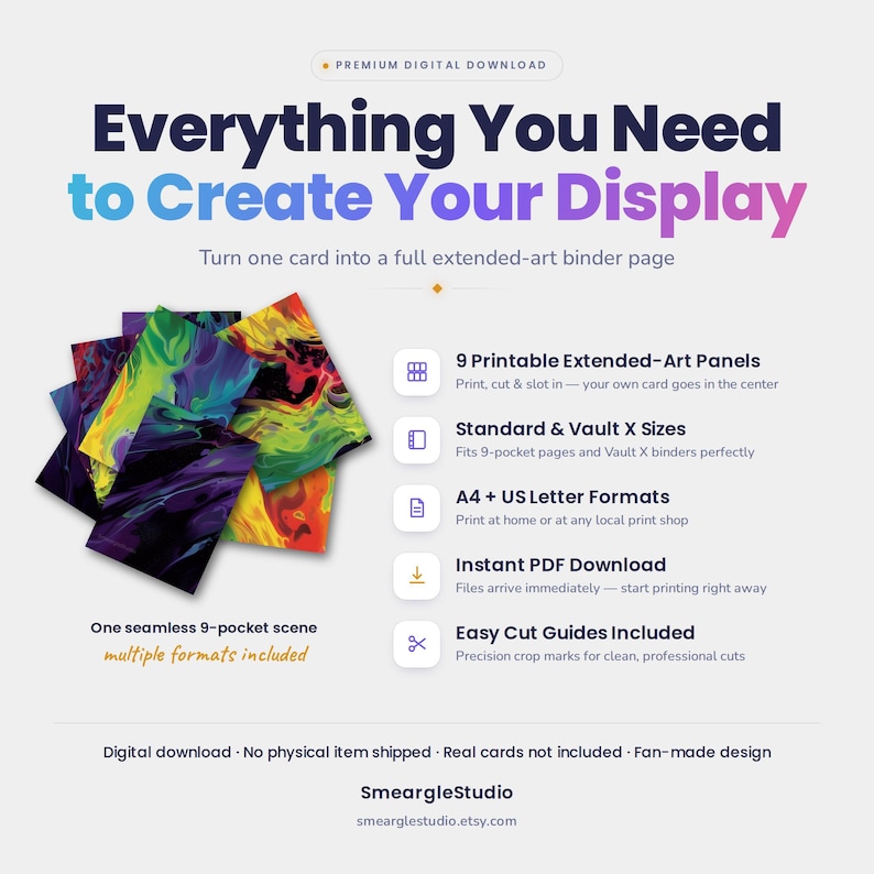 May include: A digital download product featuring 9 printable extended-art panels for binder pages. The design displays vibrant, swirling abstract colors in purple, green, yellow, and red. Text includes Everything You Need to Create Your Display.
