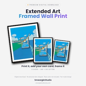 May include: Three black-framed wall prints featuring a Pidgeot trading card illustration with a blue sky, green landscape, and city skyline. Text includes: Premium Digital Download, Extended Art Framed Wall Print, Print it, add your own card, frame it, 3 SIZES - A4 + US LETTER, Digital download, No physical item shipped, Real cards not included, Fan-made design, SmeargleStudio, smearglestudio.etsy.com.
