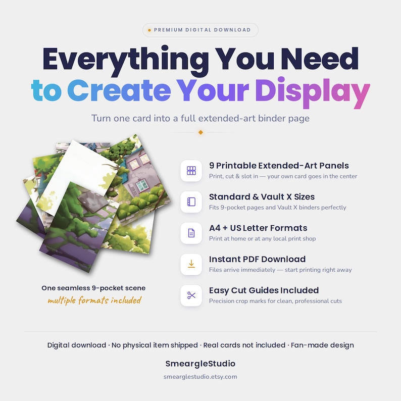 May include: A digital download product featuring nine printable extended-art panels to create a seamless nine-pocket binder scene. The graphic includes text: Everything You Need to Create Your Display, 9 Printable Extended-Art Panels, Standard & Vault X Sizes, A4 + US Letter Formats, Instant PDF Download, and Easy Cut Guides Included.