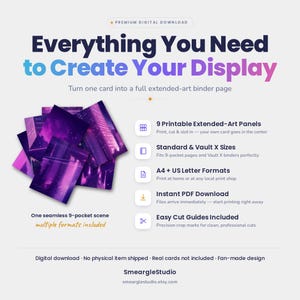 May include: A digital download product featuring nine printable extended-art panels that form a seamless purple city scene. The text reads Everything You Need to Create Your Display, 9 Printable Extended-Art Panels, Standard & Vault X Sizes, A4 + US Letter Formats, Instant PDF Download, and Easy Cut Guides Included.