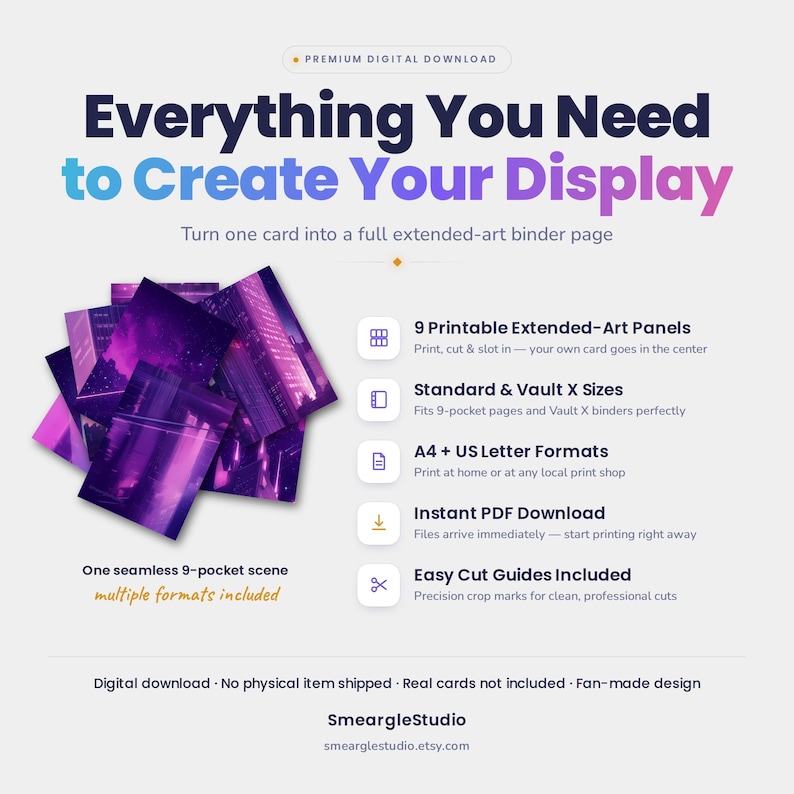 May include: A digital download product featuring nine printable extended-art panels that form a seamless purple city scene. The text reads Everything You Need to Create Your Display, 9 Printable Extended-Art Panels, Standard & Vault X Sizes, A4 + US Letter Formats, Instant PDF Download, and Easy Cut Guides Included.