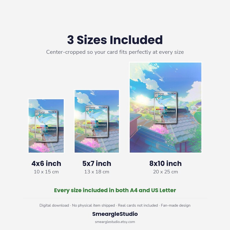 May include: Three digital art prints featuring a light blue creature on a rooftop, labeled 4x6 inch, 5x7 inch, and 8x10 inch. Text includes 3 Sizes Included, Center-cropped so your card fits perfectly at every size, and Every size included in both A4 and US Letter.