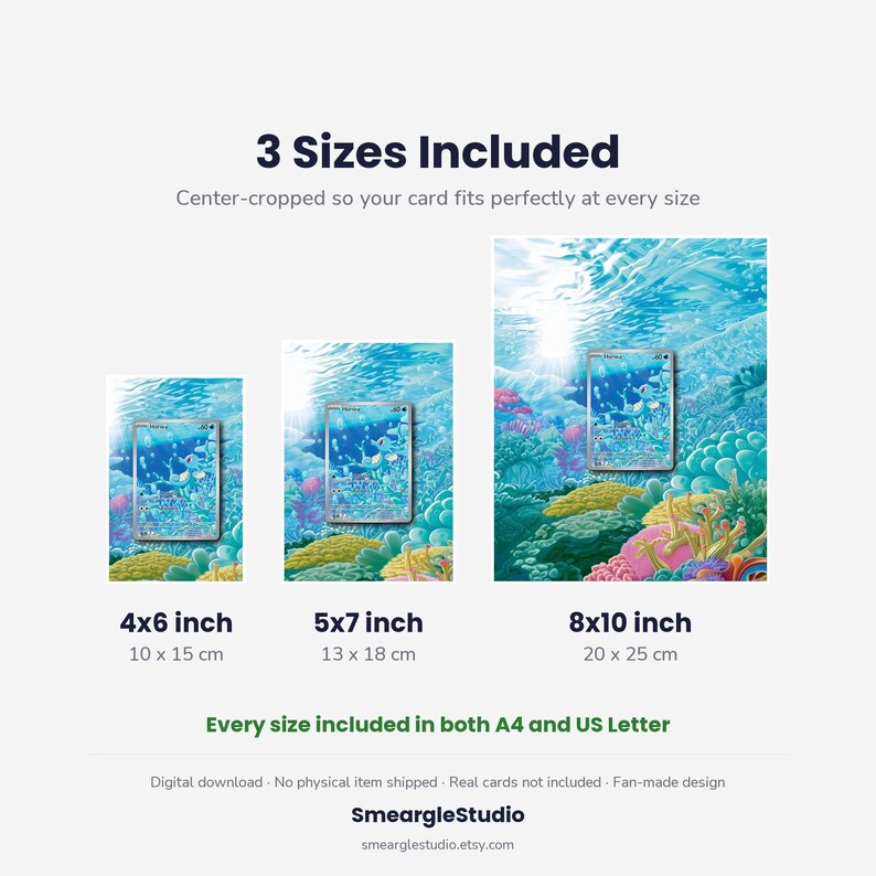 May include: A digital download product display showing three vertical rectangular prints in 10x15 cm, 13x18 cm, and 20x25 cm sizes. Each print features a blue underwater coral reef scene with a central trading card graphic. Text includes 3 Sizes Included, 10x15 cm, 13x18 cm, 20x25 cm, and Every size included in both A4 and US Letter.