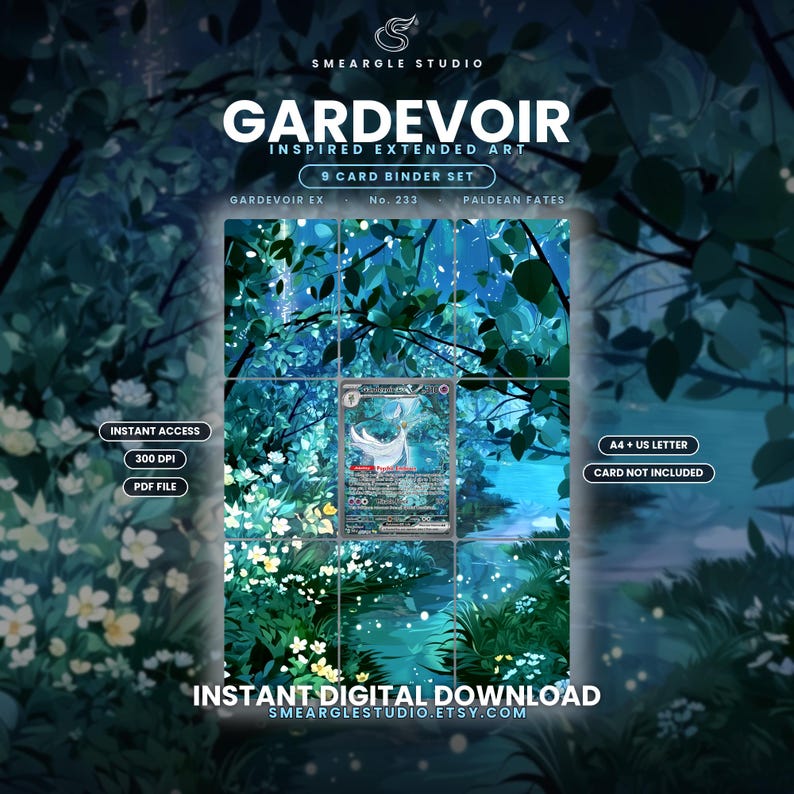 Puede incluir: Un set digital de 9 cartas para archivador con arte extendido inspirado en Gardevoir. El dise&ntilde;o muestra una escena de bosque con flores blancas y una carta central de Gardevoir ex. Incluye texto: SMEARGLE STUDIO, GARDEVOIR, 300 DPI, PDF FILE.