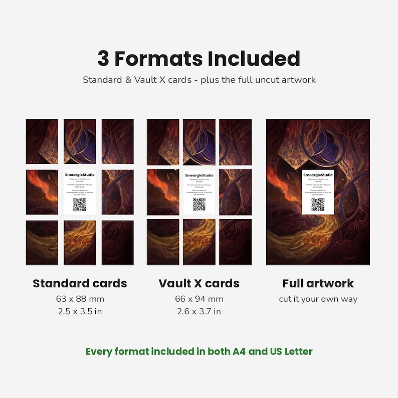 May include: A digital product display showing 3 Formats Included: Standard cards at 63 x 88 mm (2.5 x 3.5 in), Vault X cards at 66 x 94 mm (2.6 x 3.7 in), and full artwork. The text states every format is included in both A4 and US Letter sizes.