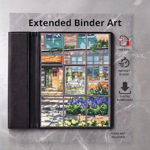 May include: A black binder featuring Extended Binder Art with a nine-pocket page display. The artwork depicts a stone house exterior with blue windows, a wooden door, and colorful flower beds. Text includes Extended Binder Art, PDF FILE, INSTANT ACCESS, DIGITAL DOWNLOAD, and *CARD NOT INCLUDED.