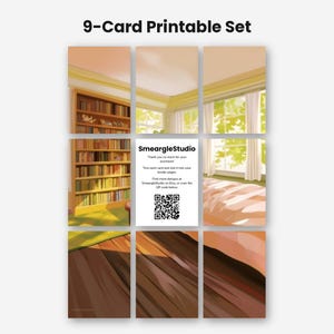 May include: A 9-card printable set featuring a digital illustration of a cosy room with a bookshelf, a window with white curtains, and wooden flooring. The centre card displays the text SmeargleStudio, instructions, and a QR code.