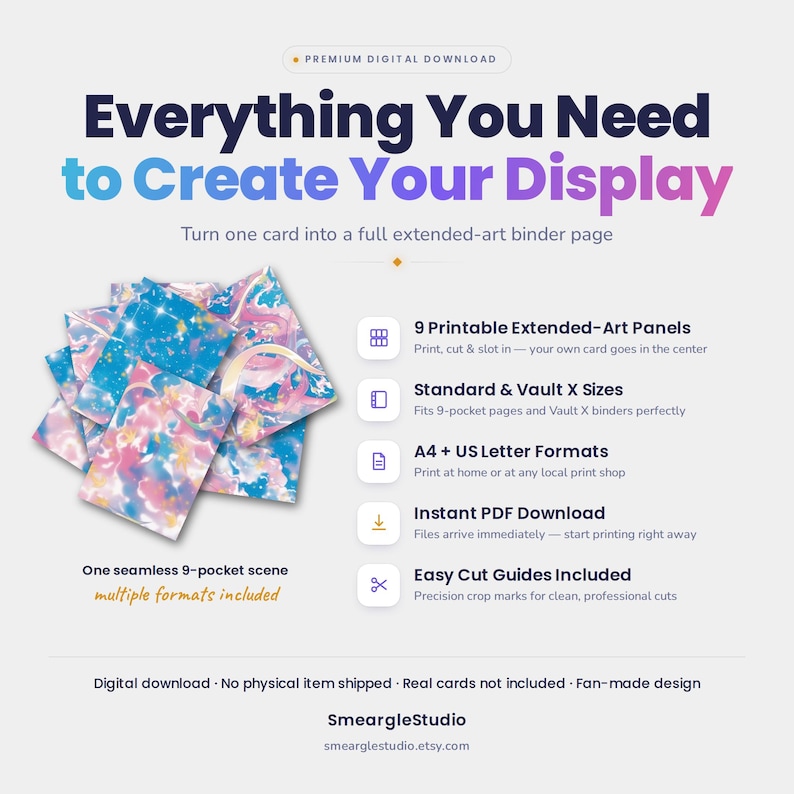 May include: A digital download product display featuring nine printable extended-art panels with a blue, pink, and white abstract pattern. The text reads Everything You Need to Create Your Display, 9 Printable Extended-Art Panels, Standard & Vault X Sizes, A4 + US Letter Formats, Instant PDF Download, and Easy Cut Guides Included.