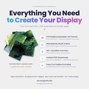May include: A digital download product display featuring the text Everything You Need to Create Your Display. It includes 9 printable extended-art panels for 9-pocket binder pages, available in A4 and US Letter formats with easy cut guides included.