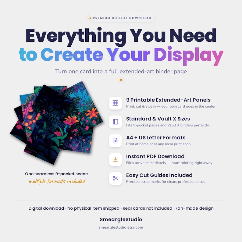 May include: A digital download product featuring 9 printable extended-art panels for a 9-pocket binder page. The design displays a vibrant, dark jungle scene with colorful flowers and foliage. Includes A4 and US Letter formats with cut guides.