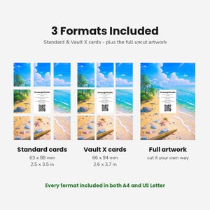 May include: A digital product display showing 3 Formats Included: Standard cards at 2.5 x 3.5 inches, Vault X cards at 2.6 x 3.7 inches, and full uncut artwork. Each section features a beach scene with palm trees, sand, and a QR code card.