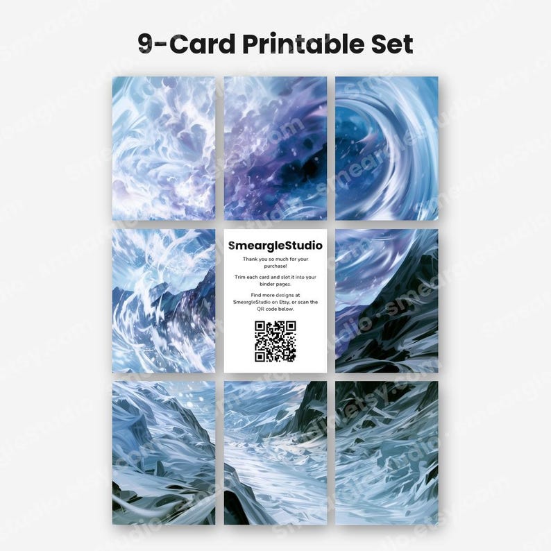 May include: A 9-card printable set featuring abstract blue and white snowy mountain landscapes. One central card contains the text SmeargleStudio, a thank you message, instructions to trim and slot into binder pages, and a QR code.