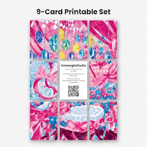 May include: A 9-card printable set featuring vibrant pink, blue, and yellow illustrations of crystals, ribbons, and bows. The center card displays the text SmeargleStudio, a thank you message, and a QR code for additional design information.