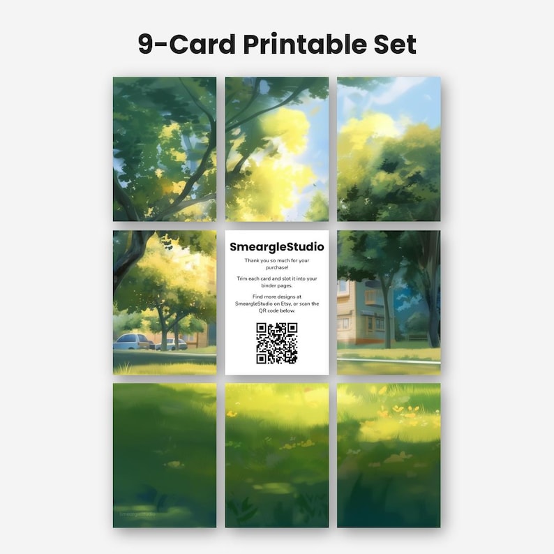 K&ouml;nnte beinhalten: Ein 9-Karten-Druckset mit einem Raster aus digitalen Illustrationen, die eine sonnige Parklandschaft mit B&auml;umen, Gras und Geb&auml;uden zeigen. Die mittlere Karte enth&auml;lt den Text SmeargleStudio, eine Dankesnachricht und einen QR-Code.