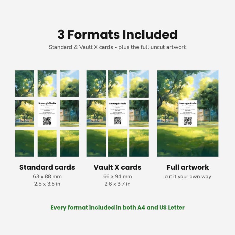 K&ouml;nnte beinhalten: Drei digitale Kartenformate mit einer gr&uuml;nen Parklandschaft mit B&auml;umen und Gras. Enth&auml;lt Standardkarten mit 63 x 88 mm, Vault X-Karten mit 66 x 94 mm und vollst&auml;ndige Grafiken. Text umfasst 3 Formats Included, SmeargleStudio und einen QR-Code.