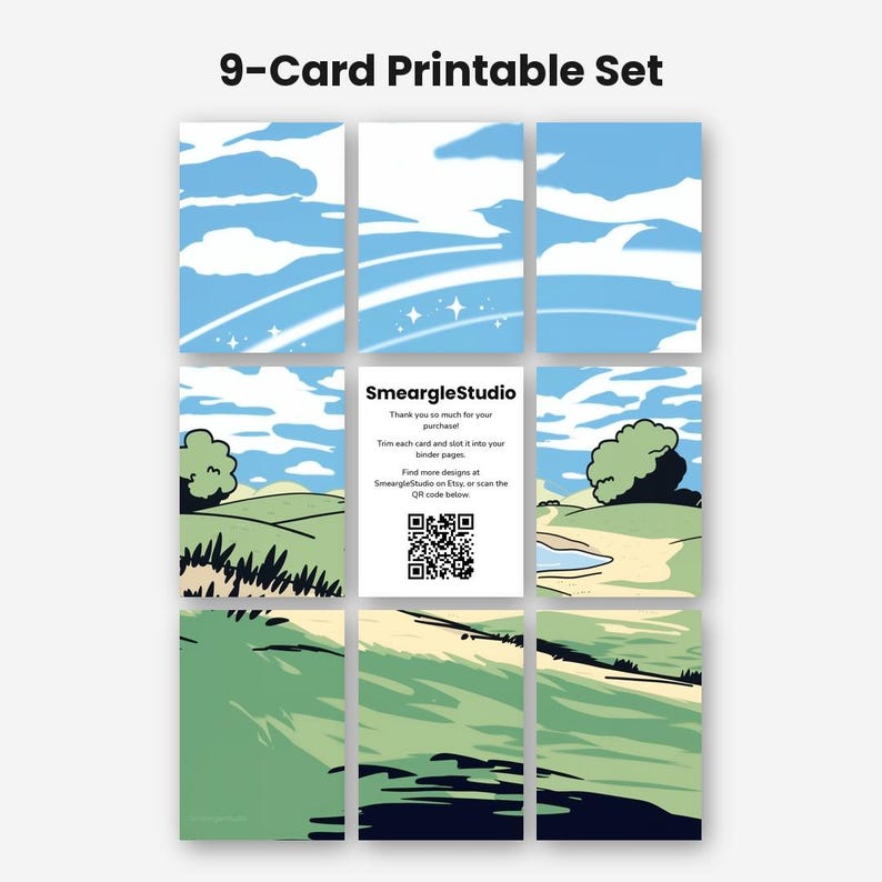 May include: A 9-card printable set featuring a landscape illustration divided into nine rectangular sections. The top row shows a blue sky with white clouds. The middle and bottom rows depict green hills, trees, and a pond. A central card contains text and a QR code.